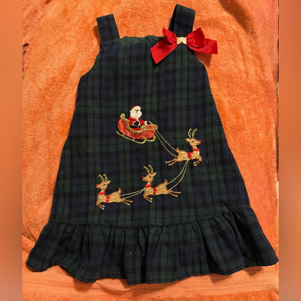 Rare Editions Plaid Dress with Santa and Reindeer Embroidery- 4